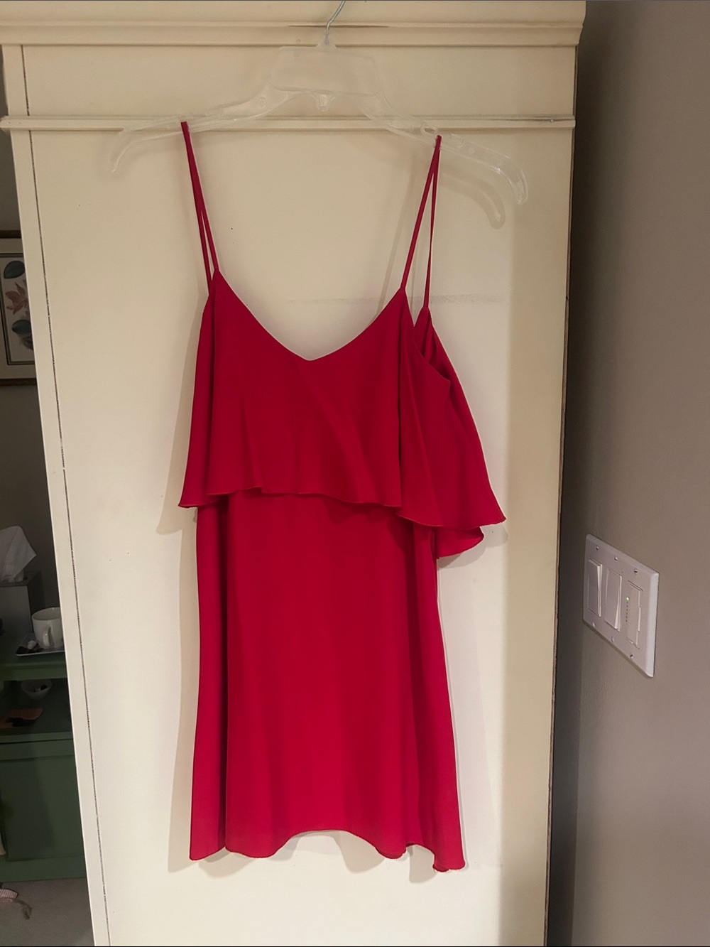 Women's 100% Silk Red Low Back Ruffle Mini Dress